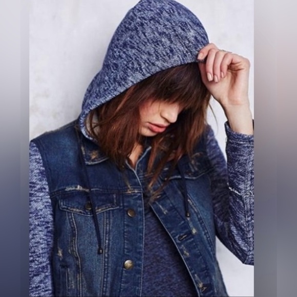 Free People dark wash/black distressed denim knit jacket Sz XS EUC - Picture 4 of 9